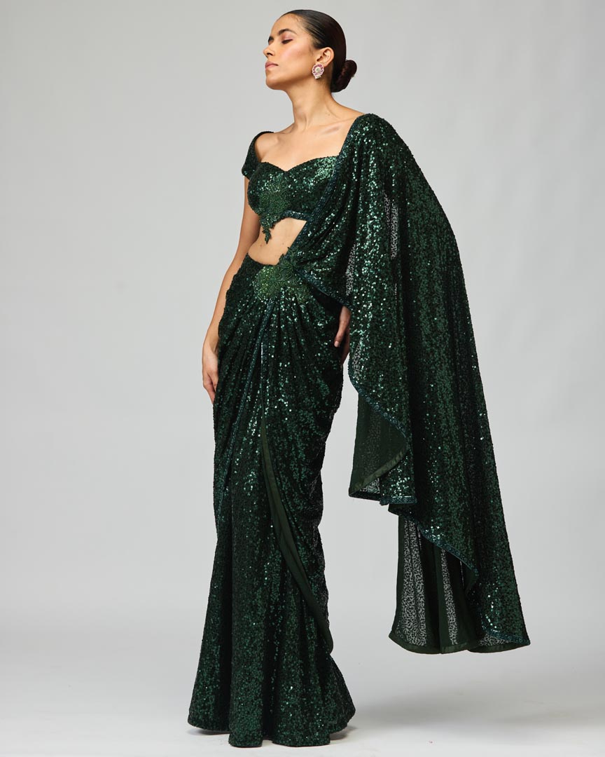Bottle Green Dori Embroidered Saree Set – Elegant Festive Wear