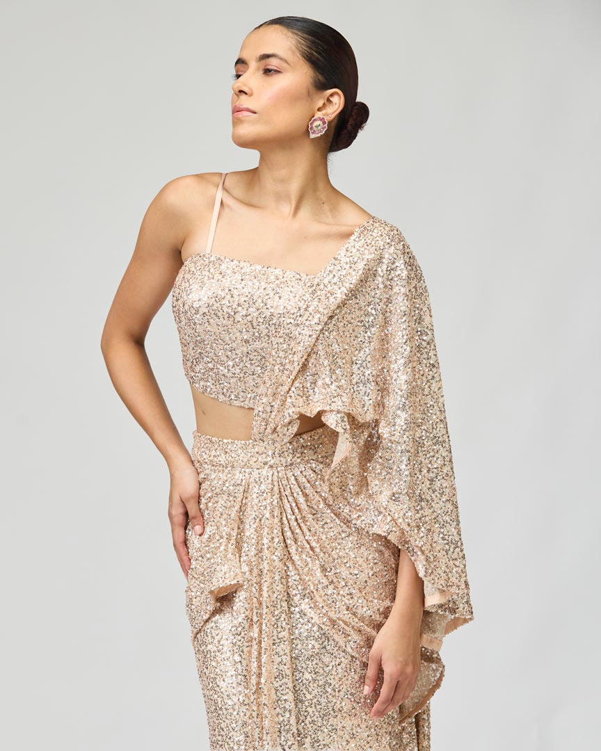 Peach Multi-Sequin Silk Georgette Saree for Cocktail Events