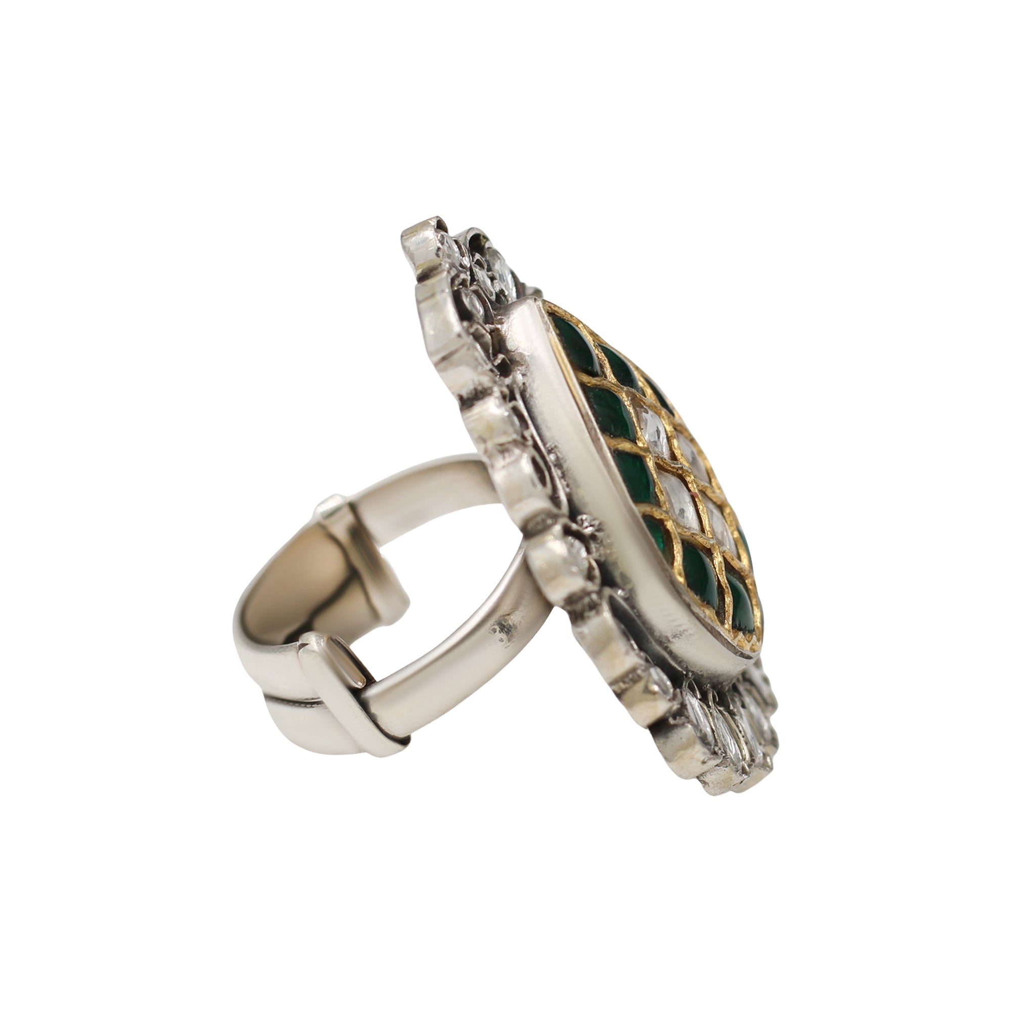 Handcrafted Green & White Kundan Silver Ring by Sangeeta Boochra