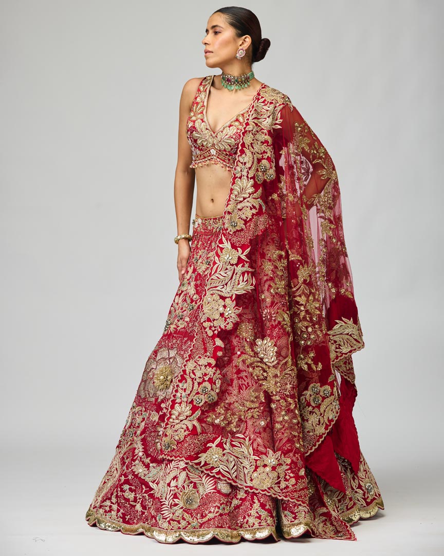 Maroon Zari Dabka Lehenga Set in Rich Viscose Satin Tissue