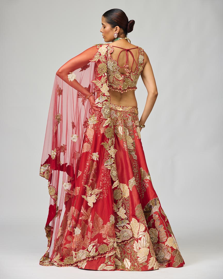 Red & Gold Zari Dabka Embellished Lehenga Set for Bridal Wear
