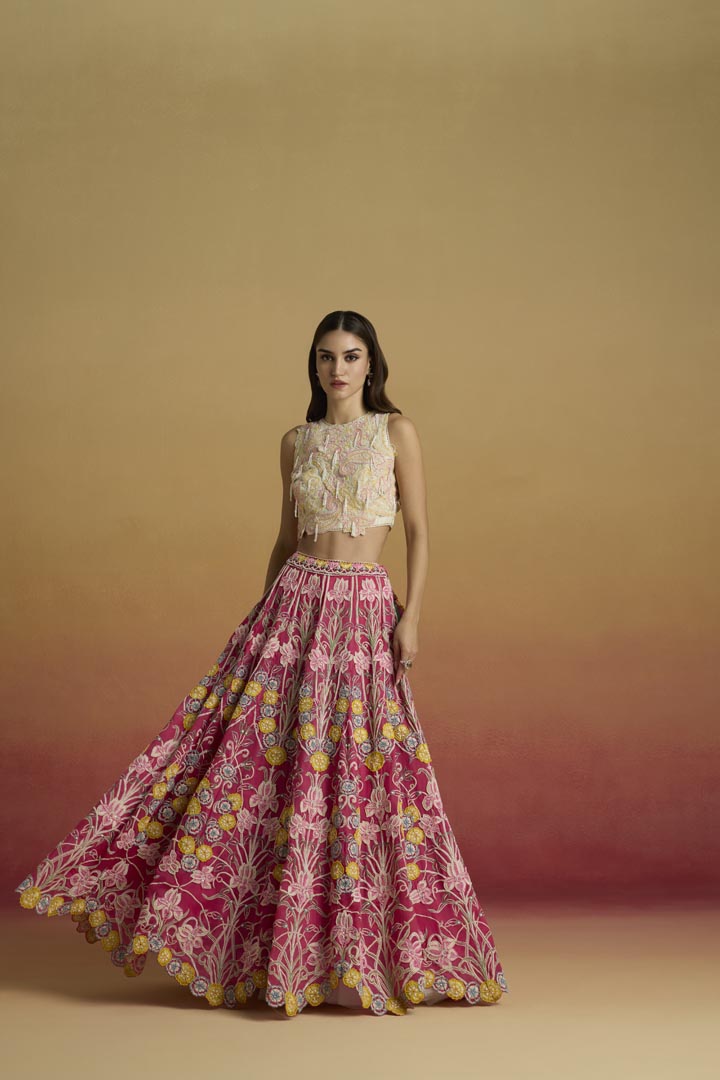 Ivory Paisley Applique Chanderi Crop Top - Luxury Festive Wear