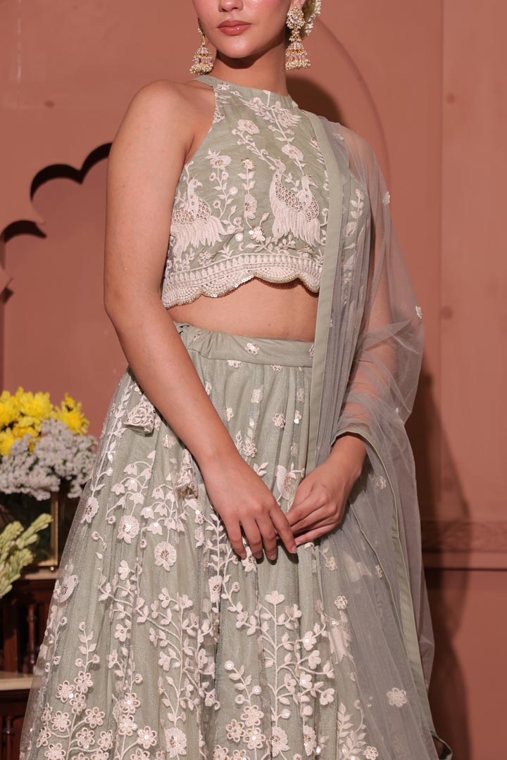 Sage Serenity Embroidered Peacock Lehenga Set