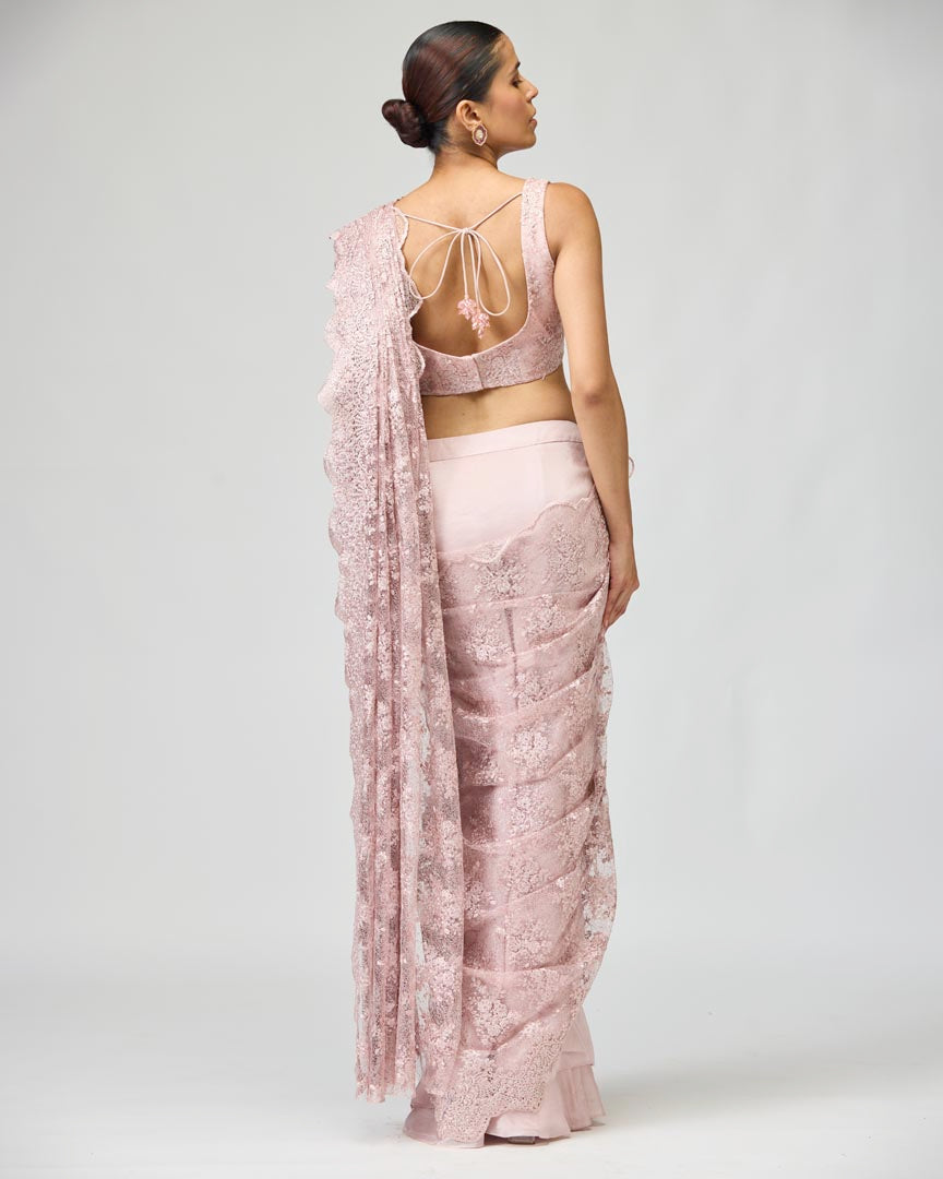 Pink Sheer Viscose Tissue Embroidered Saree Set for Cocktails