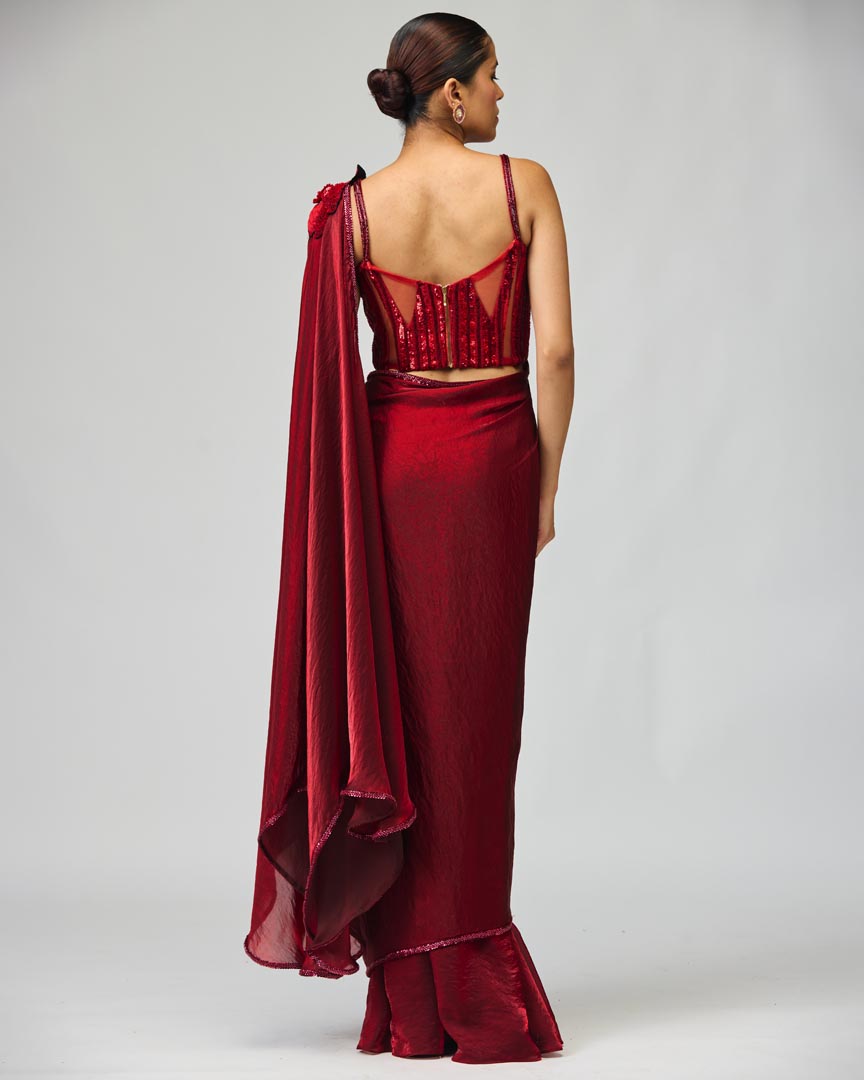 Red Silk Georgette Saree Set with Tonal Embroidery for Weddings