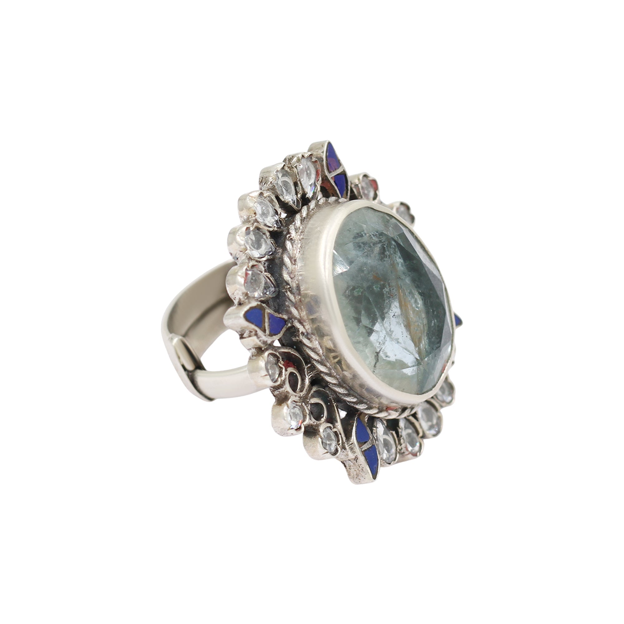 Sangeeta Boochra Designer Silver Ring with Lapis Kundan Accents