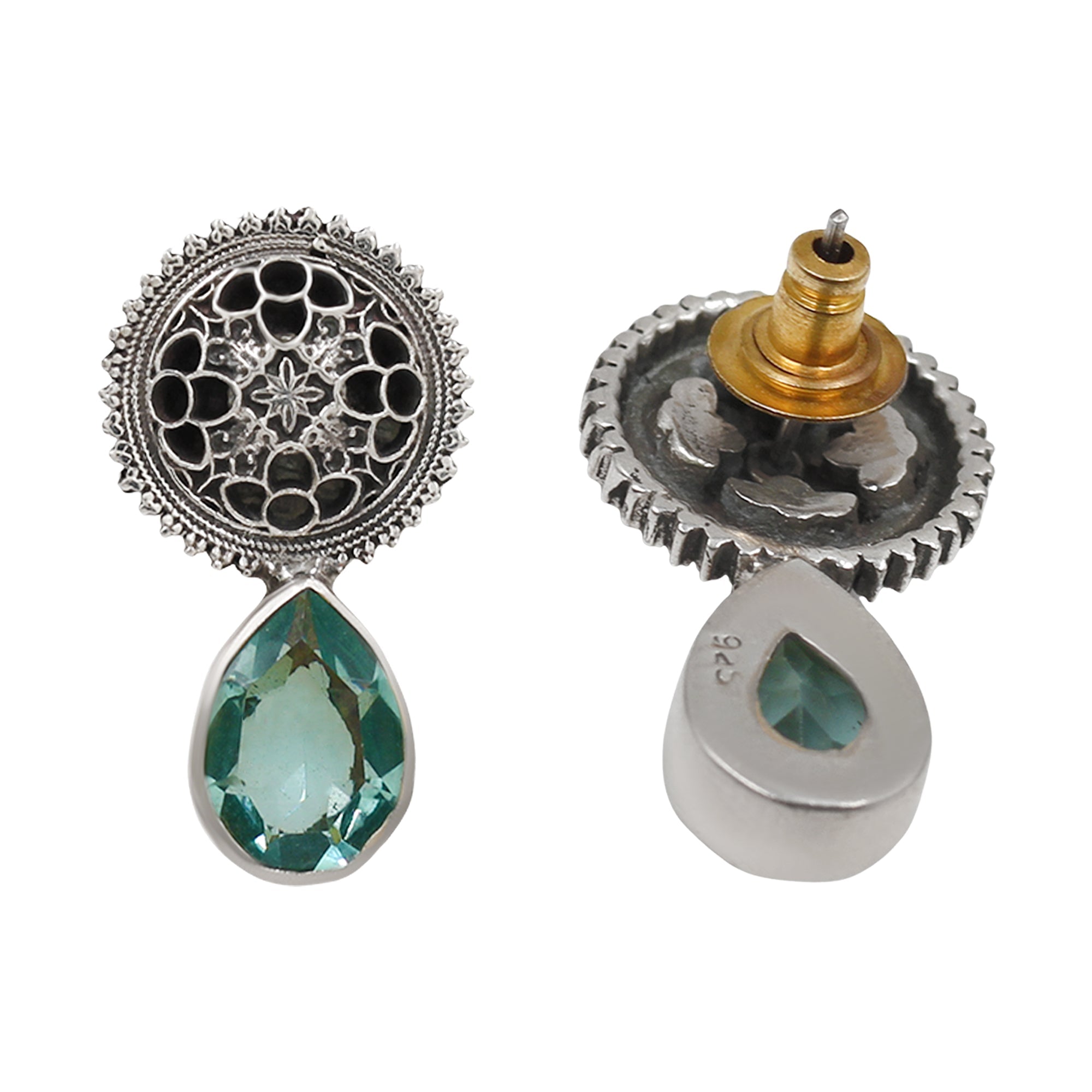 Sangeeta Boochra Oxidised Silver Aqua Drop Statement Earrings