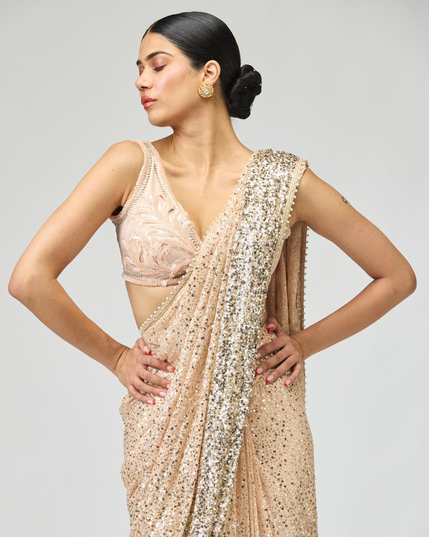Peach Silk Georgette Ombre Saree Set with Elegant Sequin Work