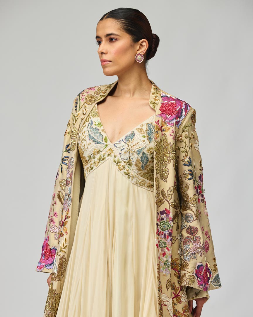 Ivory Thread Work Silk Georgette Anarkali Set for Festive Occasions