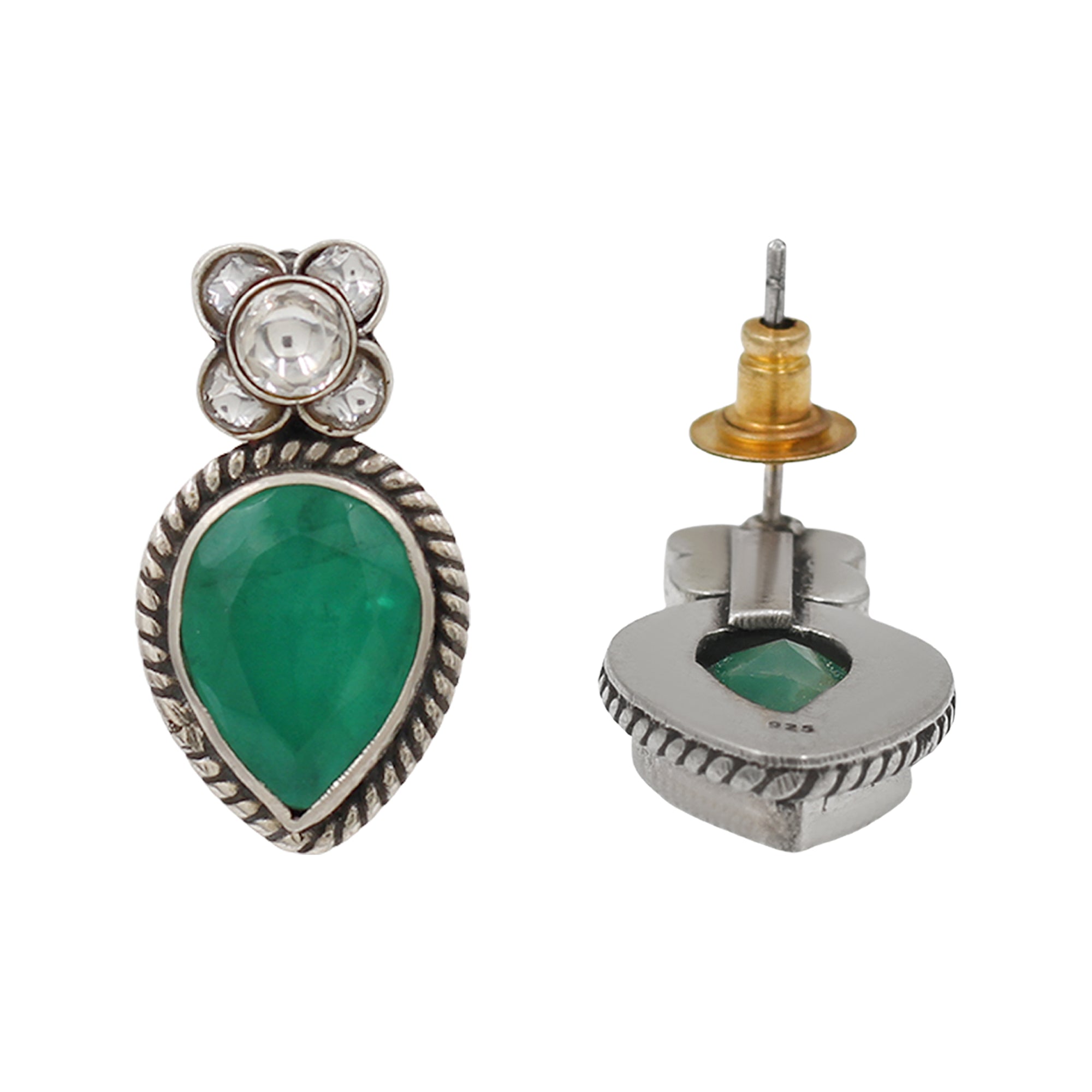 Sangeeta Boochra Artisan Silver Floral Green Statement Earrings