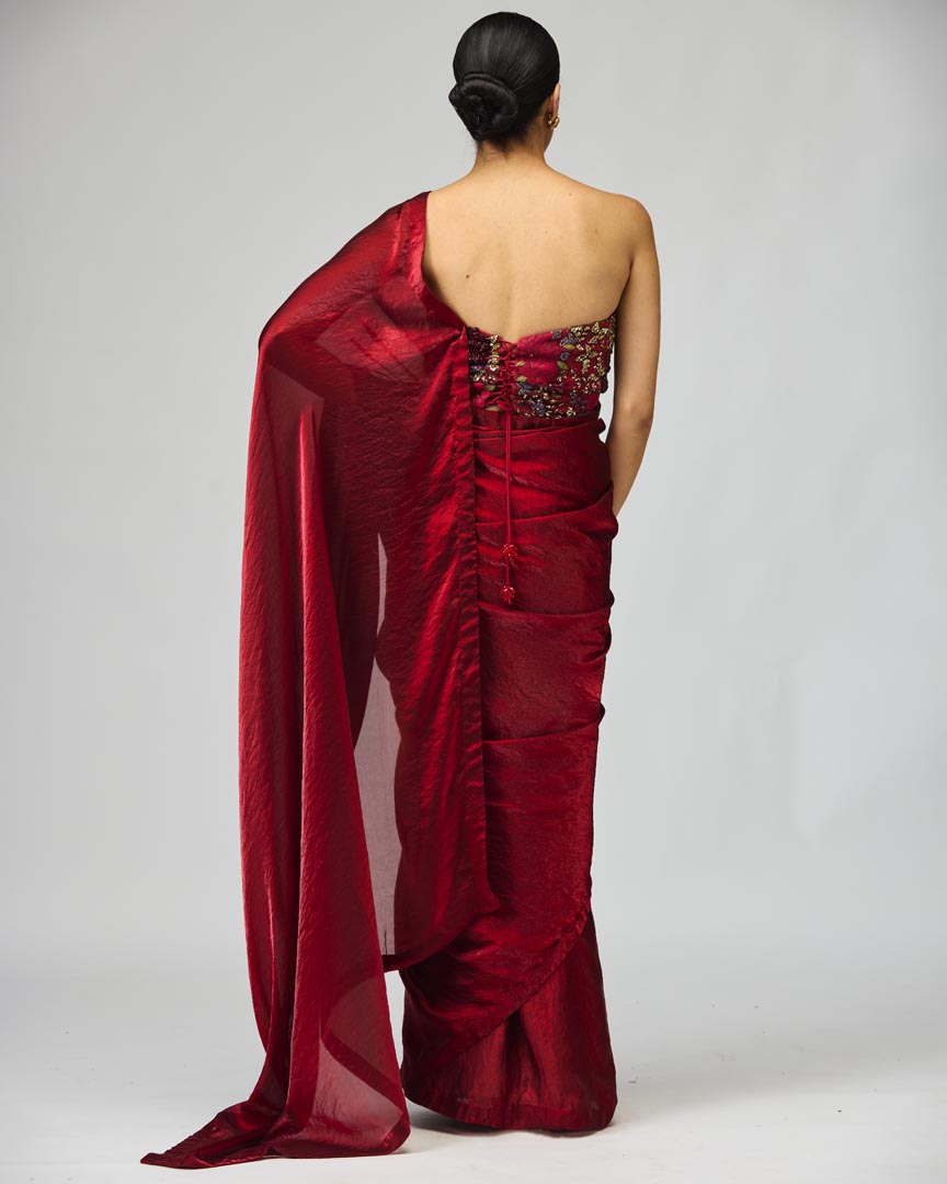 Maroon Net Embroidered Saree Set in Glossy Organza - Festive Wear
