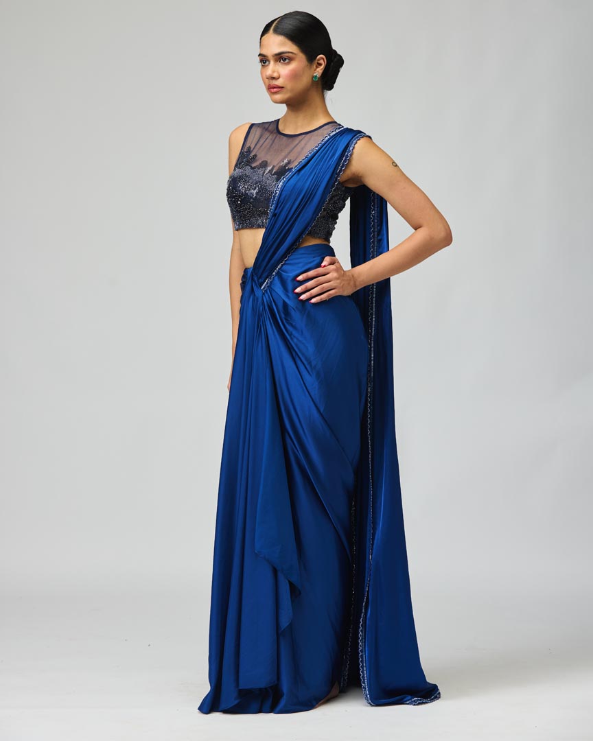 Navy Armani Satin Saree Set - Elegant Cocktail & Evening Wear