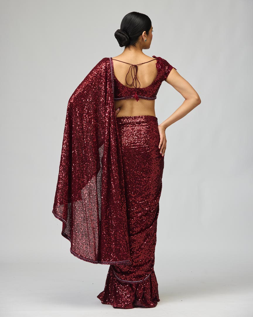 Maroon Sequin Saree Set with Dory Embroidery for Festive Wear
