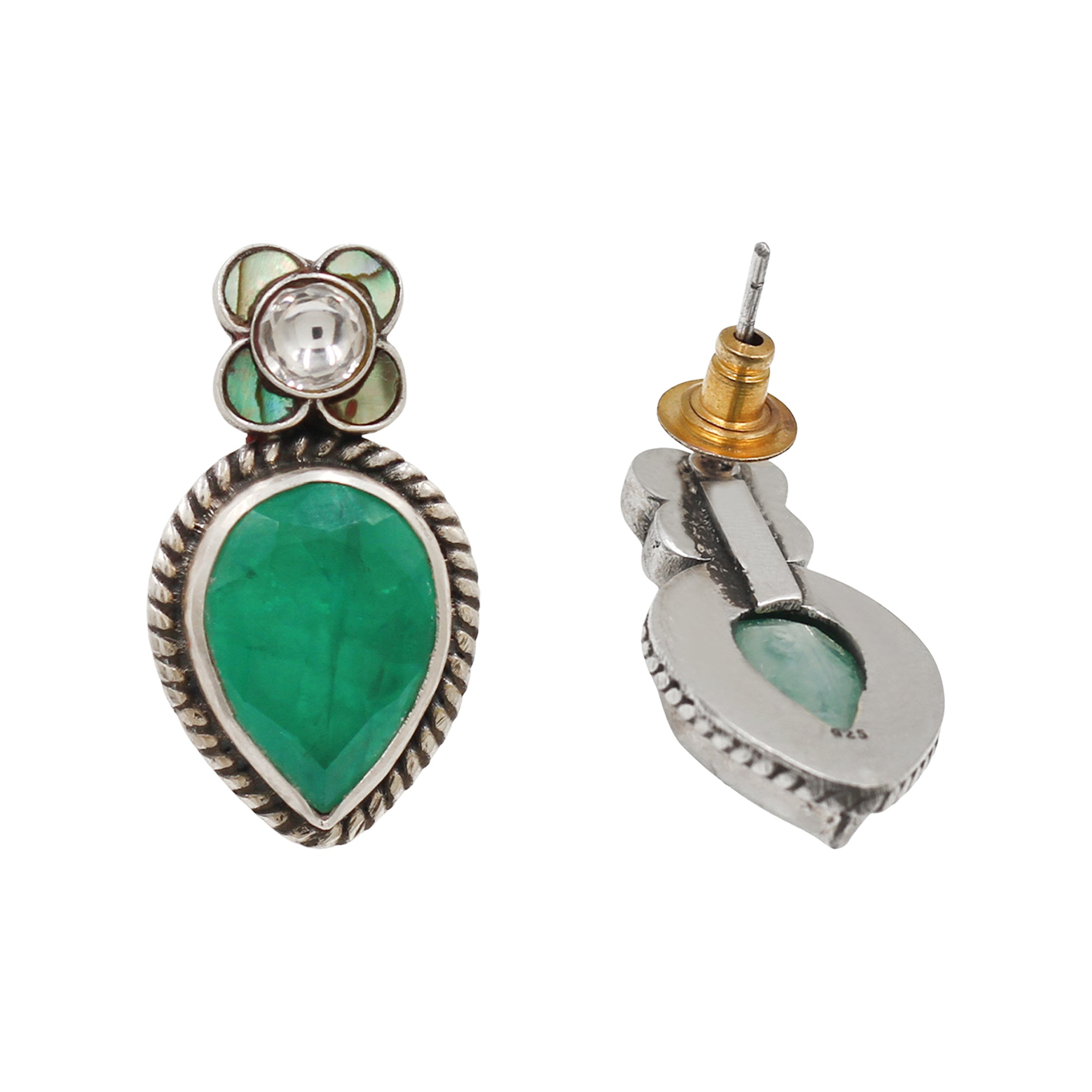 Sangeeta Boochra Oxidised Silver Green Teardrop Stone Earrings