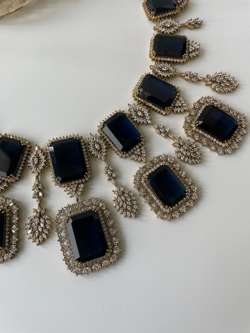 Antique Finish Chunky Blue Stone and Zircon Studded Regal Necklace Set
