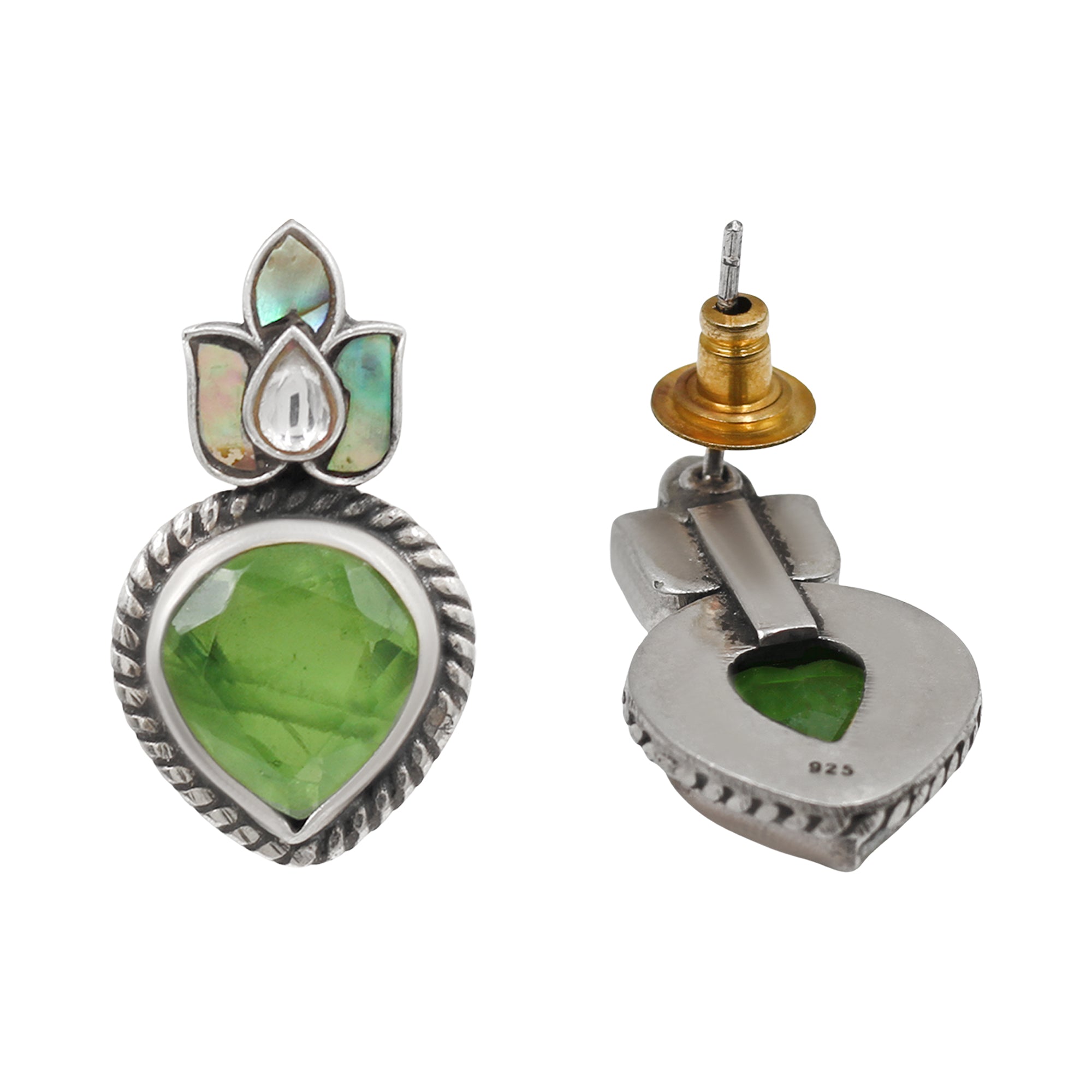 Sangeeta Boochra Handcrafted Oxidised Silver Floral Green Drop Earrings