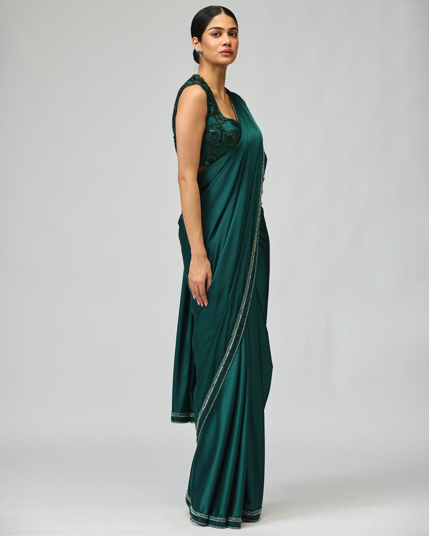 Emerald Green Armani Satin Saree Set with Embellished Blouse