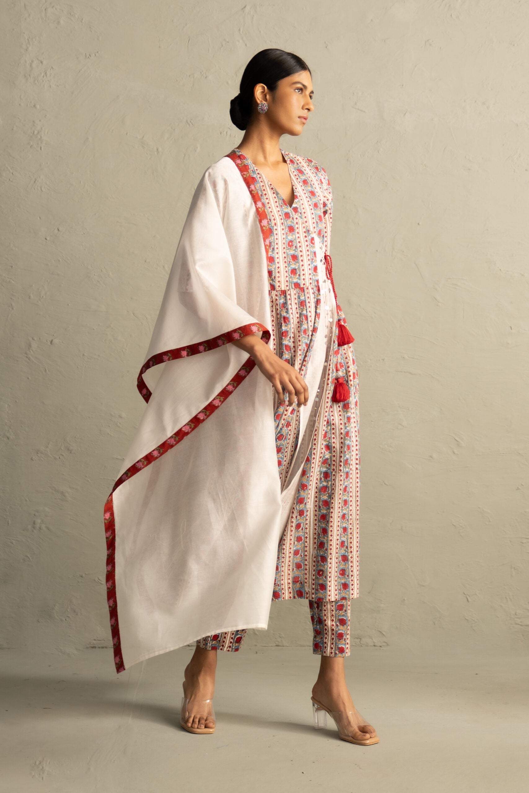 Cream Phool Dori Hand Block Angrakha Straight Kurta Set