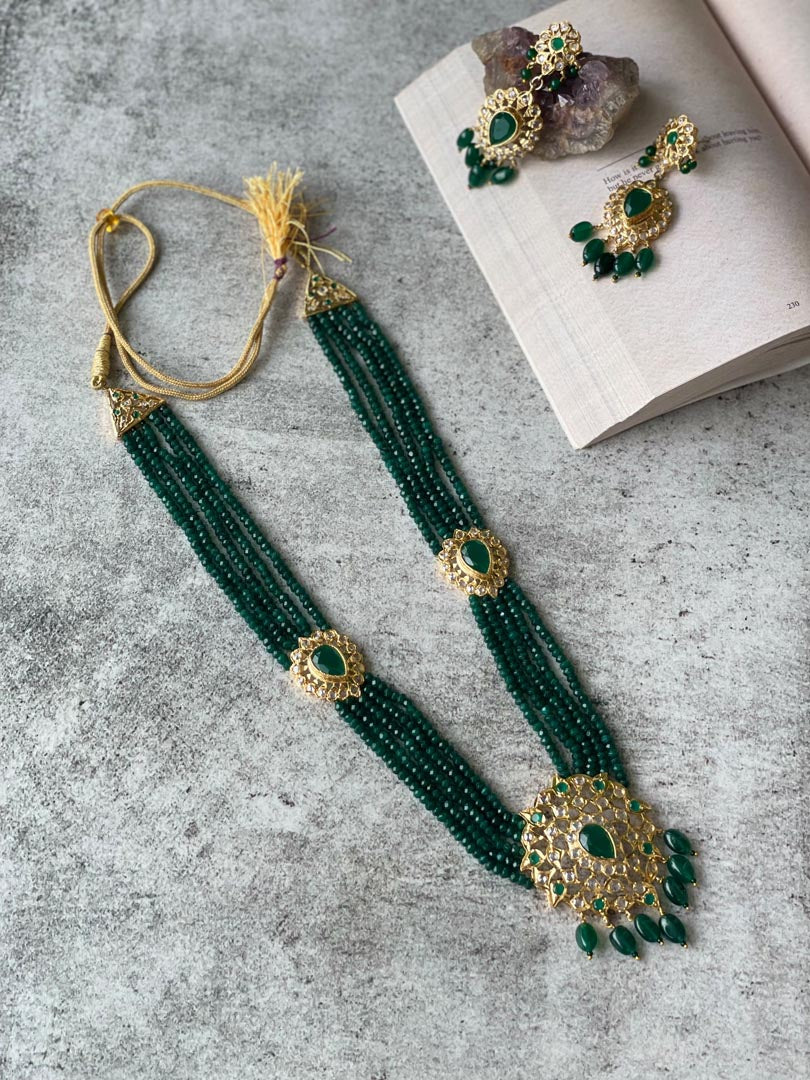 Hyderabadi Kundan Long Necklace Set with Green Beads