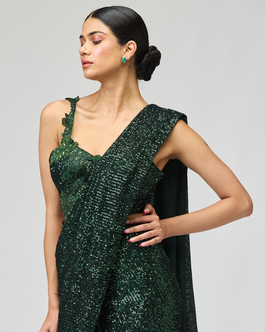 Dark Green Sequin Saree Set with Elegant Dory Work Festive Wear