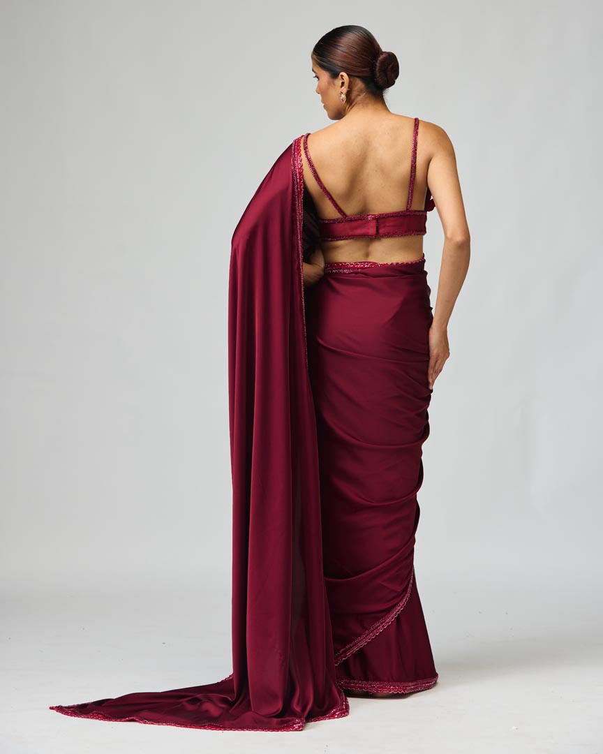 Glossy Organza Saree Set in Wine with 3D Leaf Embellishments