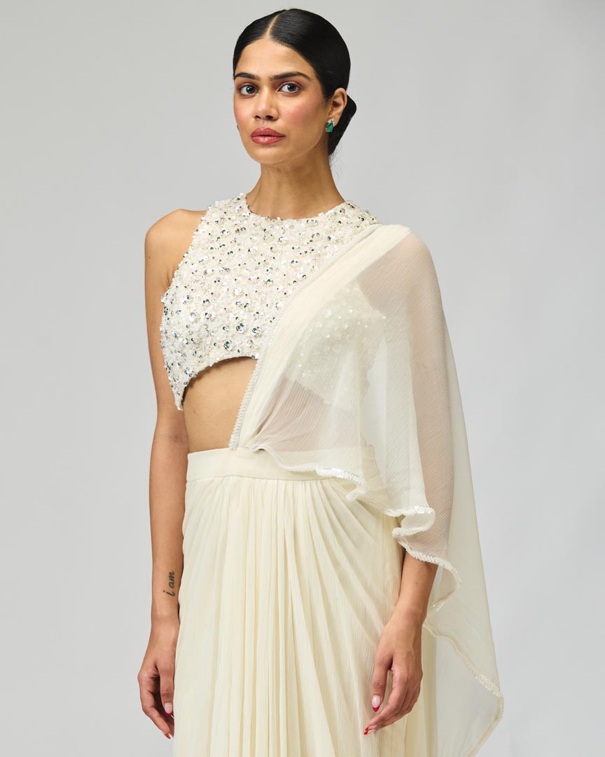Ivory Silk Chiffon Saree with Cutdana Bead Embroidery - Festive Wear