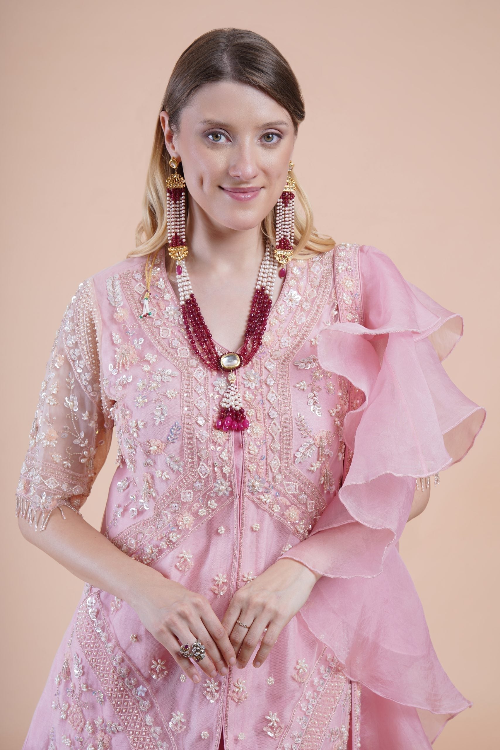 Image of Pink net embroidered kurta suit set