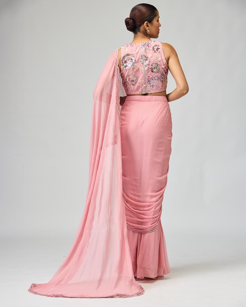 Light Pink Silk Chiffon Saree Set with Cutdana & Bead Work