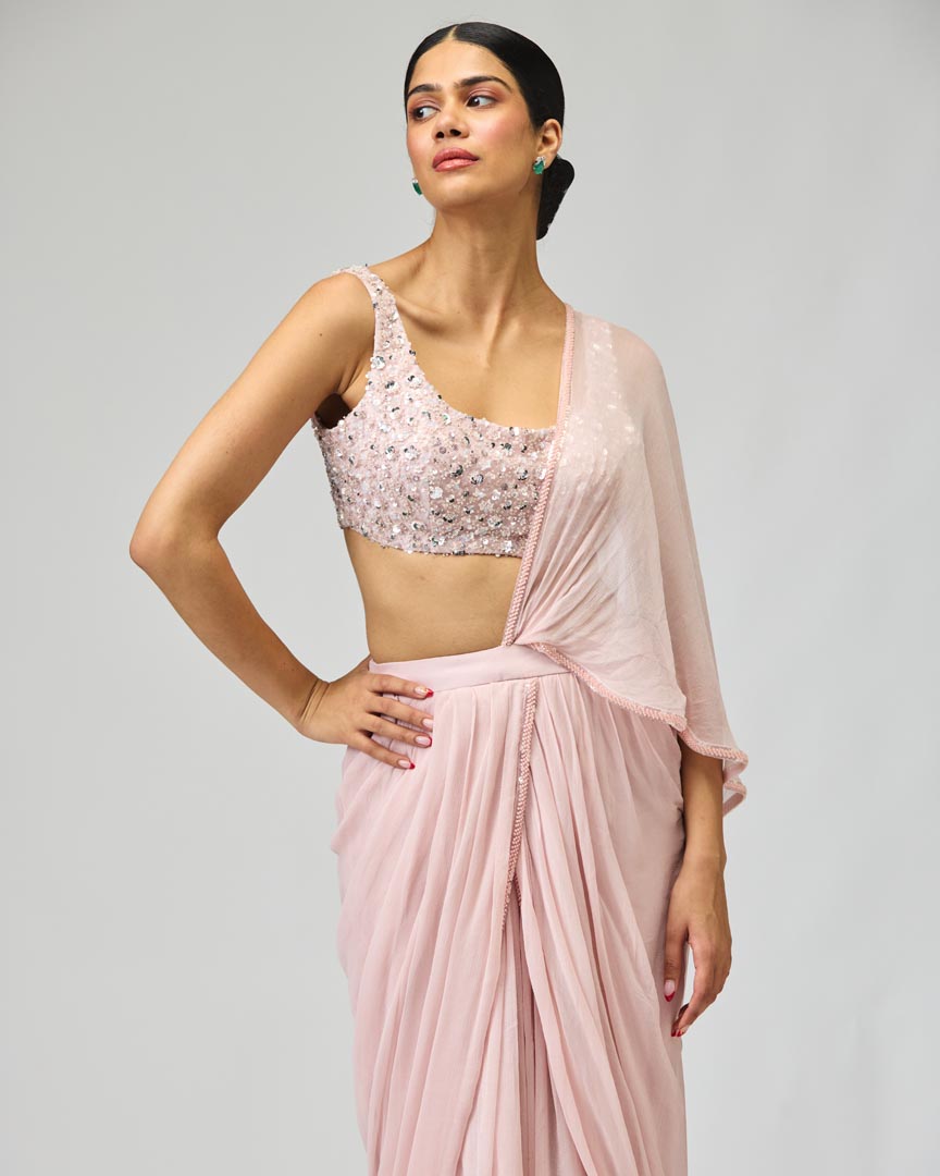 Light Pink Silk Chiffon Saree Set with Pearl Work & Cutdana Border