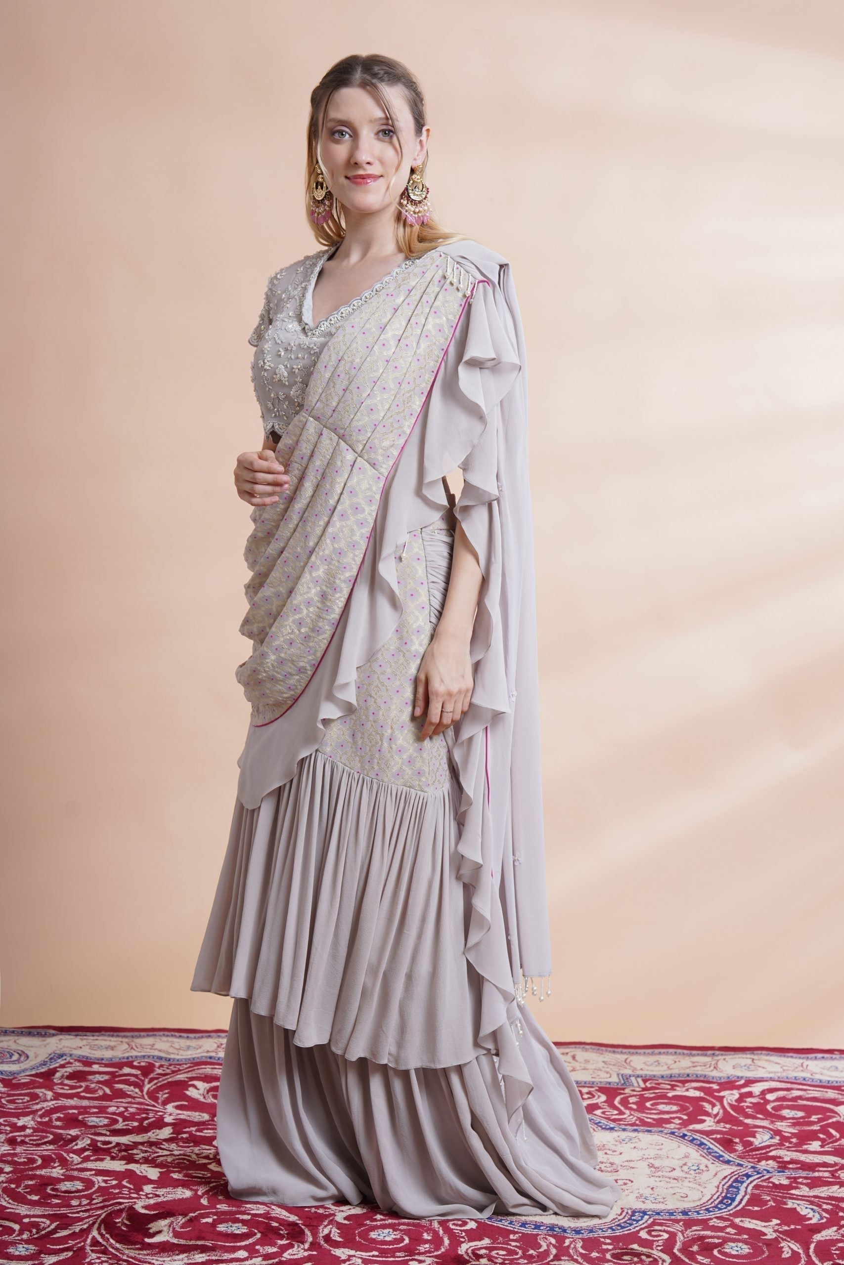 Image of Grey georgette drape saree set