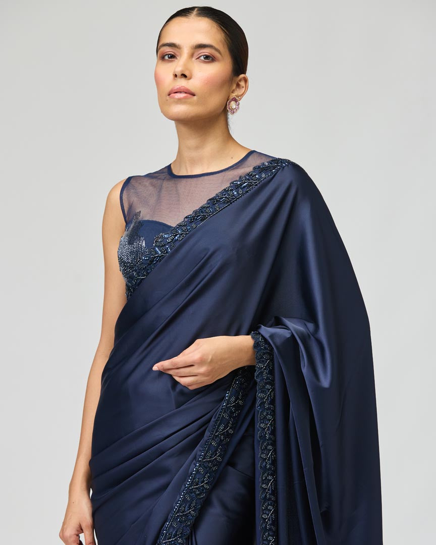 Navy Embellished Saree Set in Fluid Armani Satin & Net
