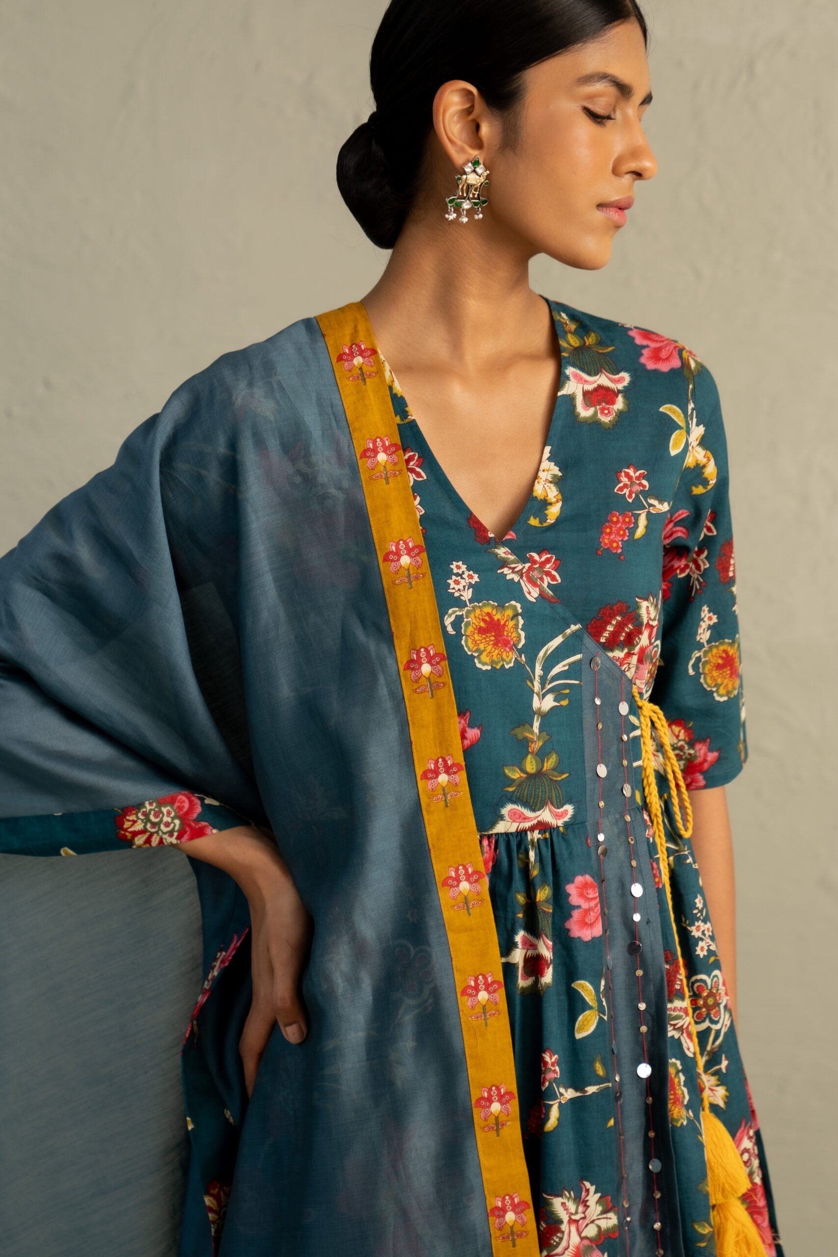 Teal Phool Dori Angrakha Straight Kurta Set