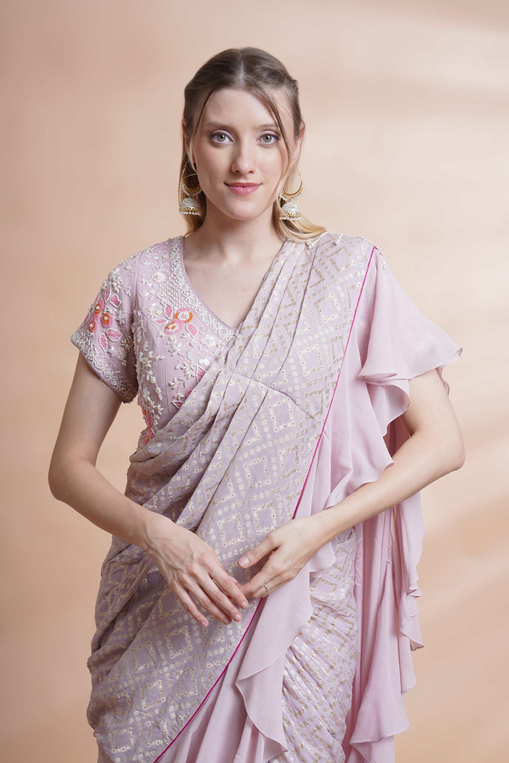 Image of Mauve georgette drape saree set