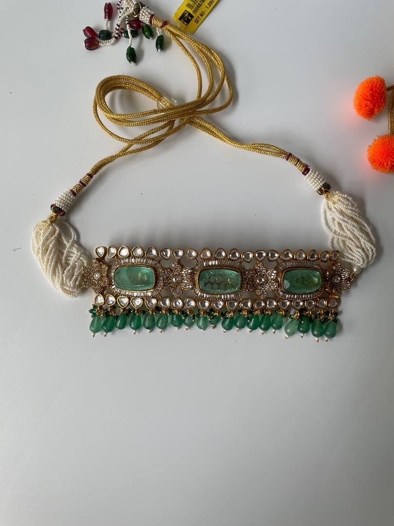 Gold Finish Jade Green Stone Utsav Kundan Choker Set with Pearl String