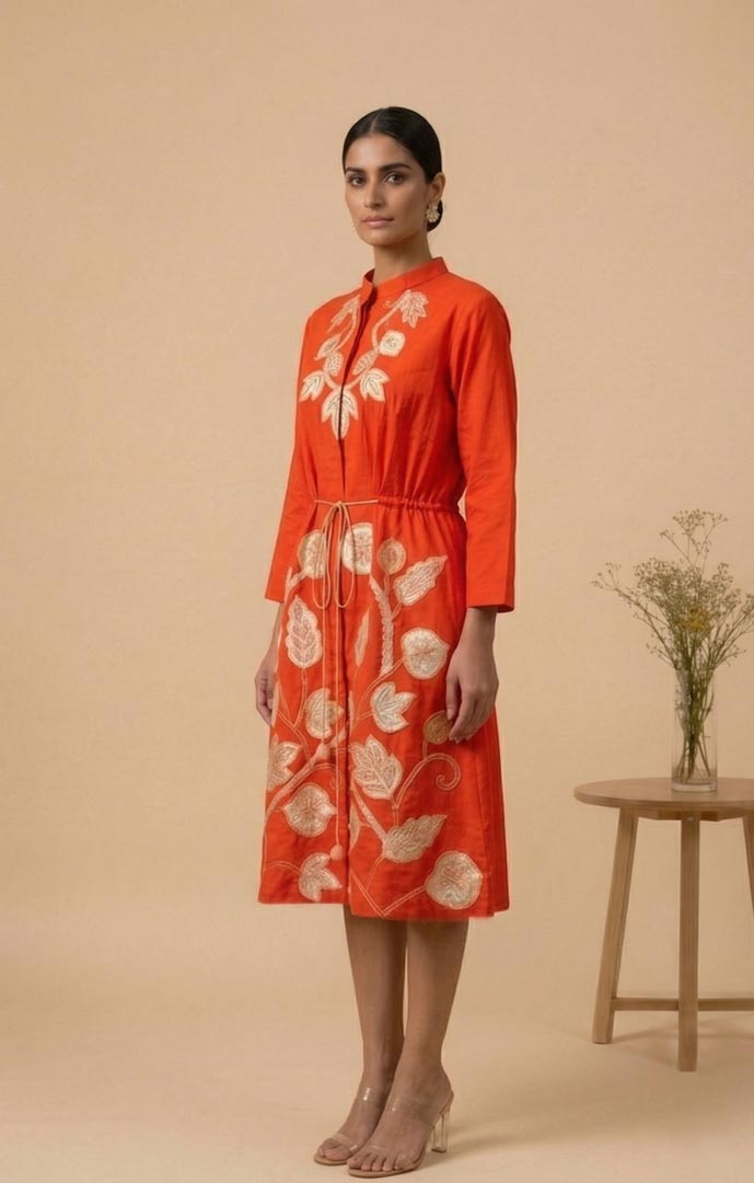 THETAA Iraaya - Embroidered vermilion shirt dress