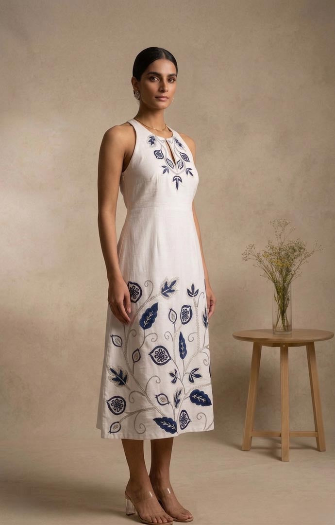 THETAA Indira  Embroidered Cotton Linen Dress