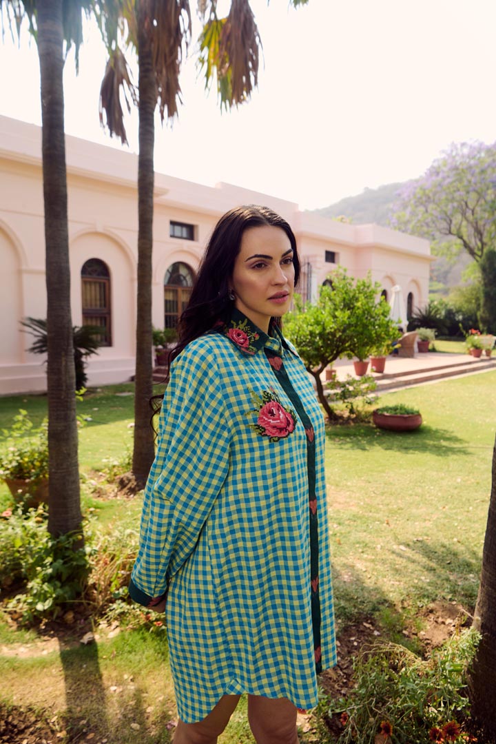 LAYLA GREEN CROSSS STITCH SHIRT DRESS