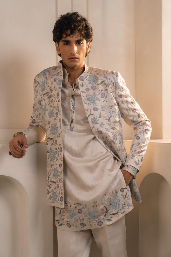 Silver veil linen silk short jacket set