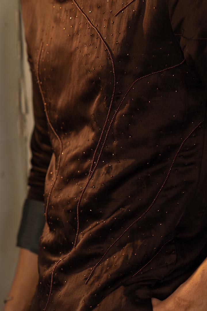 dark brown linen silk embroidered kurta set