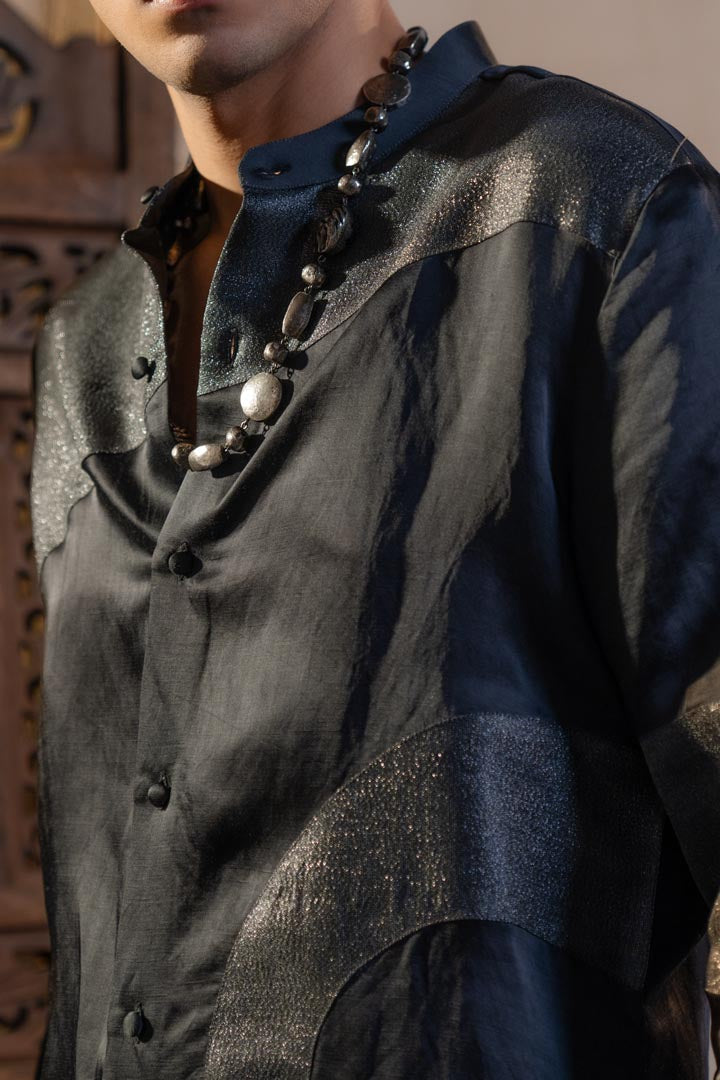 Charcoal gray kurta with Metallic patchwork and straight trousers.