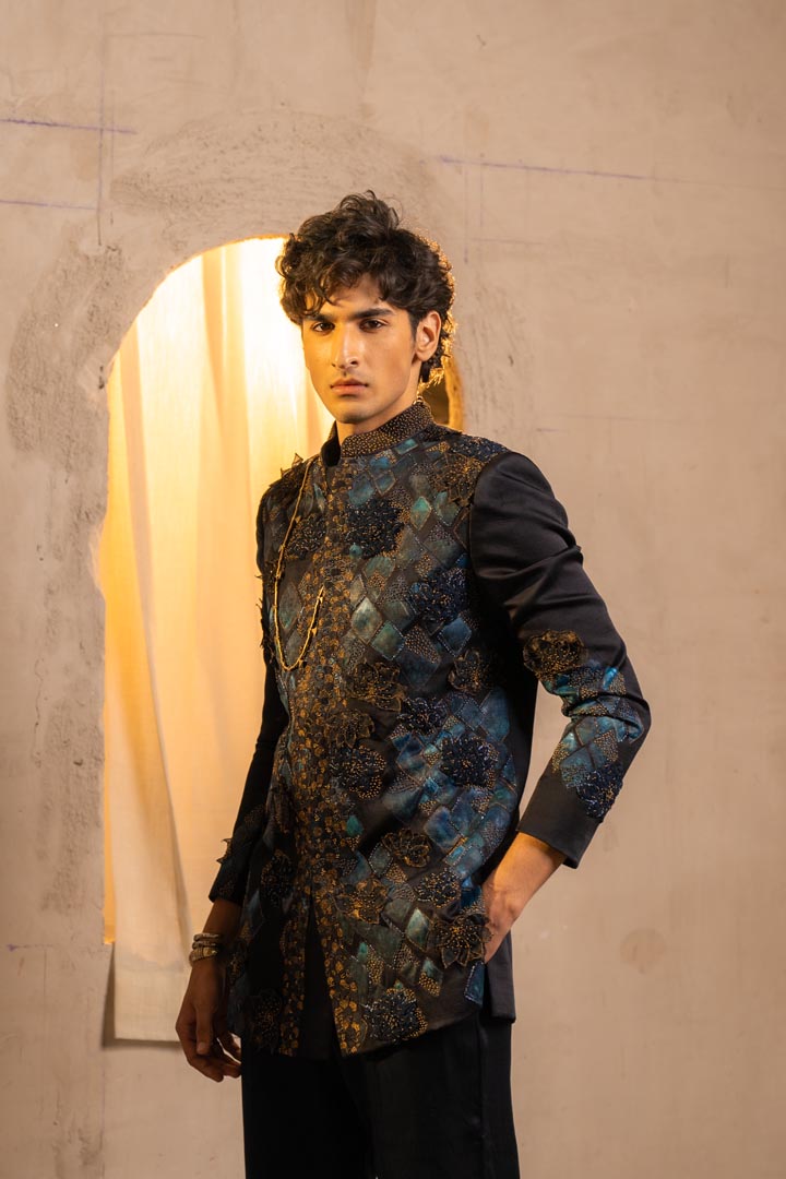 Midnight blue handpaint bandhgala