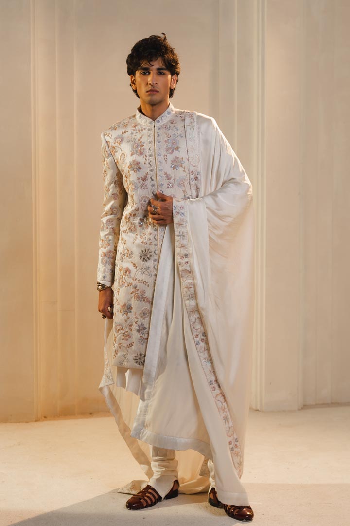 Ivory silk hand painted and hand embroidered sherwani set
