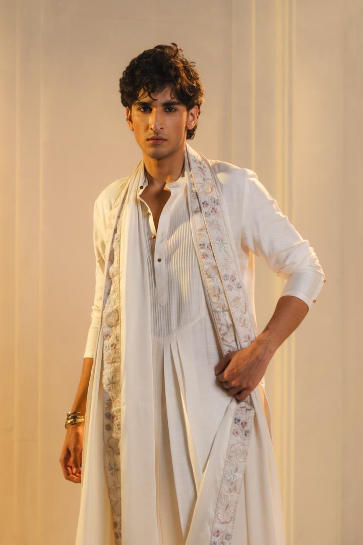 Ivory silk hand painted and hand embroidered kurta set