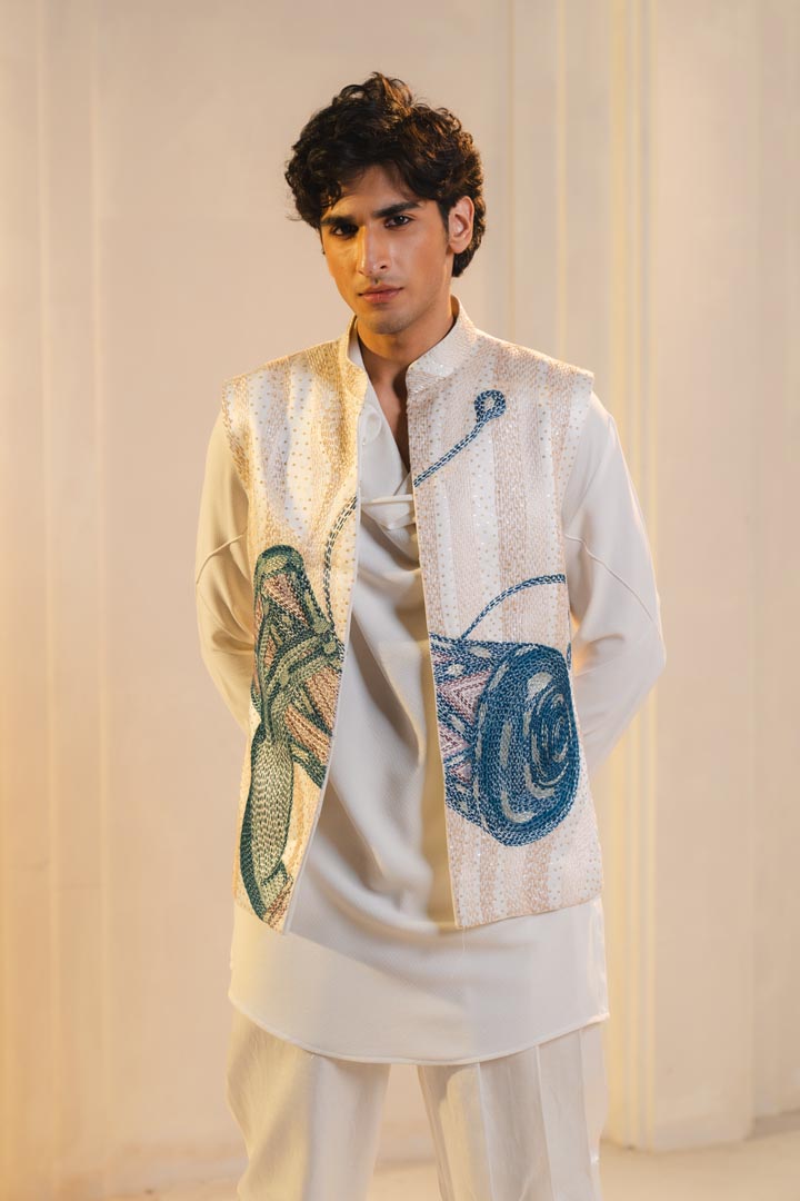 ivory hand embroidered nehru jacket set