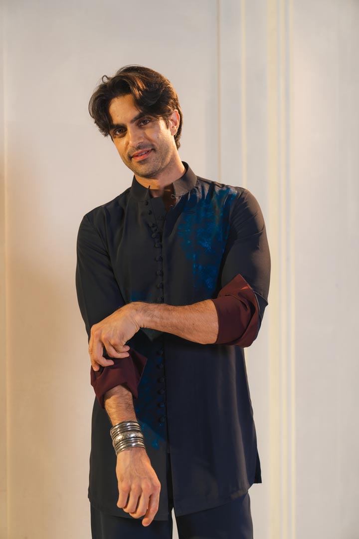 Midnight blue handpaint kurta set
