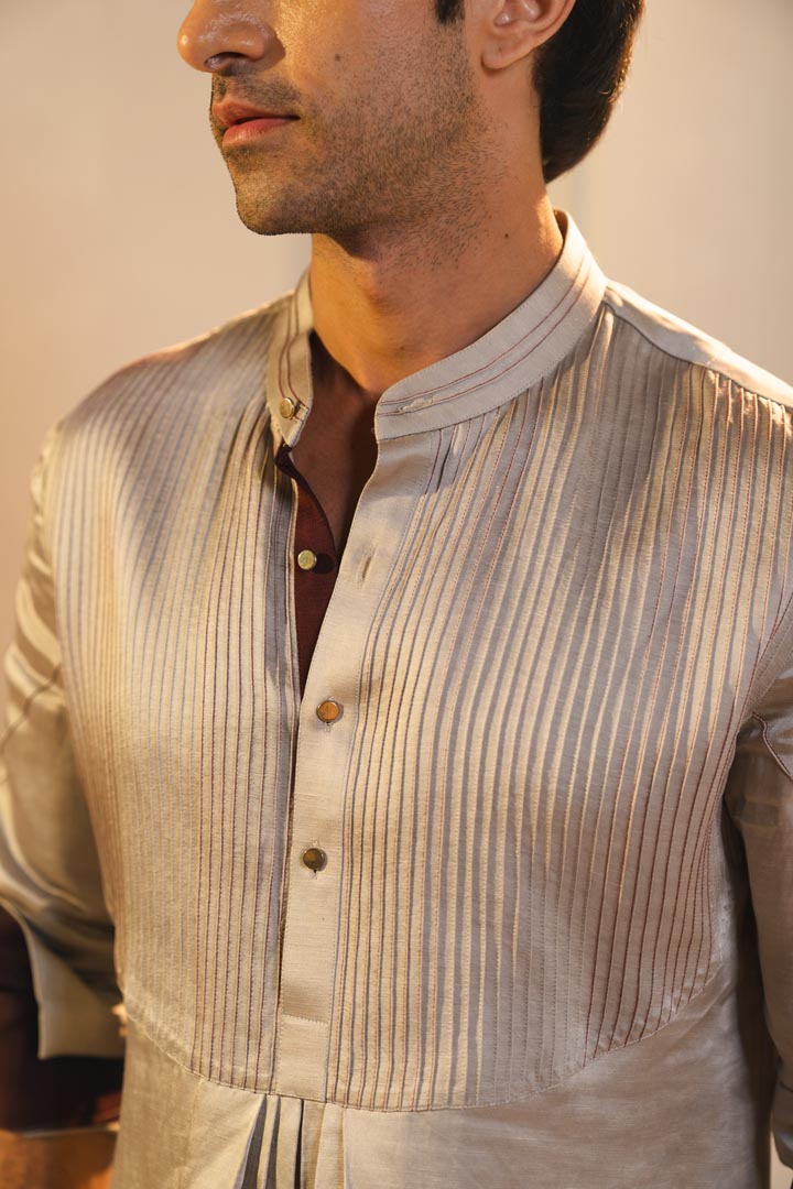 Silver pleated short kurta and trousers set