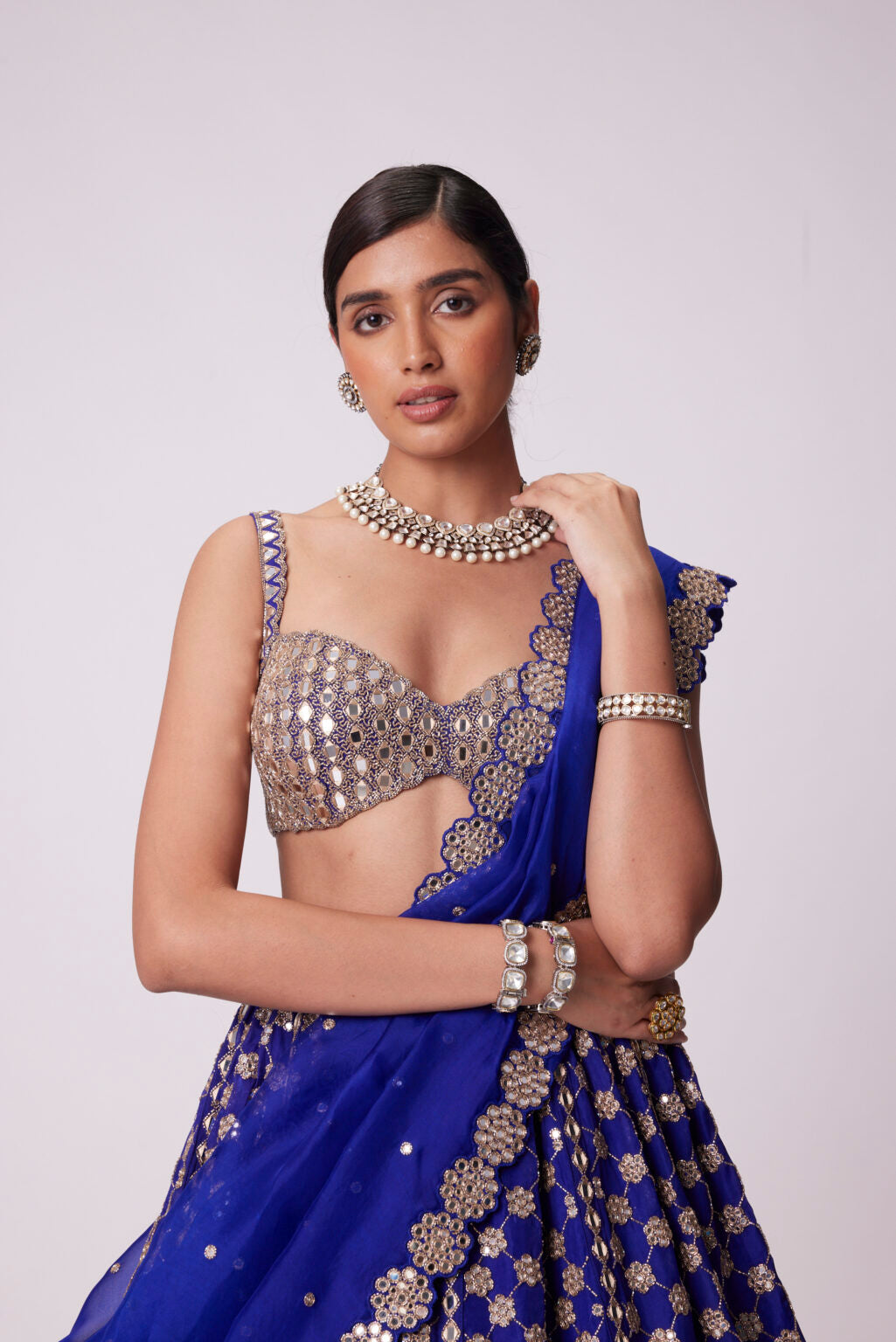 Image of PERSIAN  BLUE FLOWER LEHENGA SET