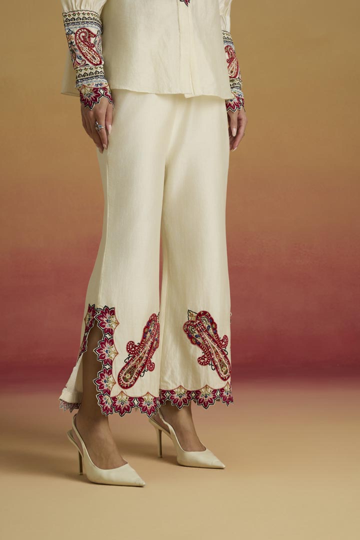 Ivory Paisley Applique Chanderi Pants with Slit Detail