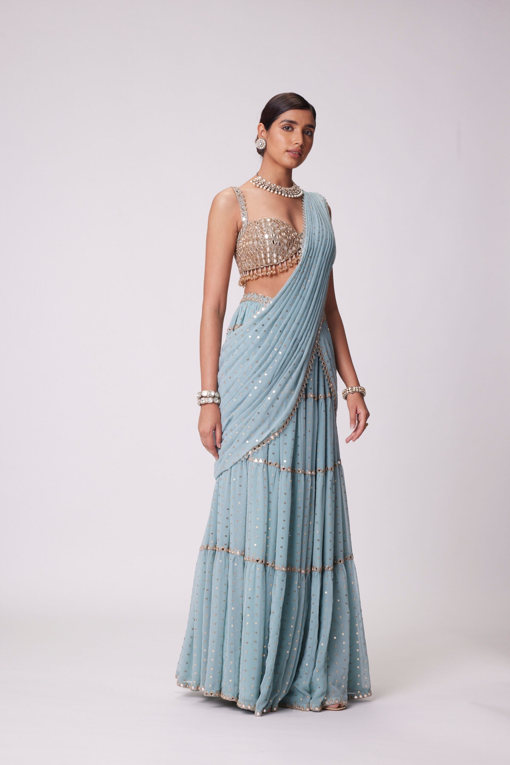 Image of POWDER BLUE MULTI TIER SAREE SET