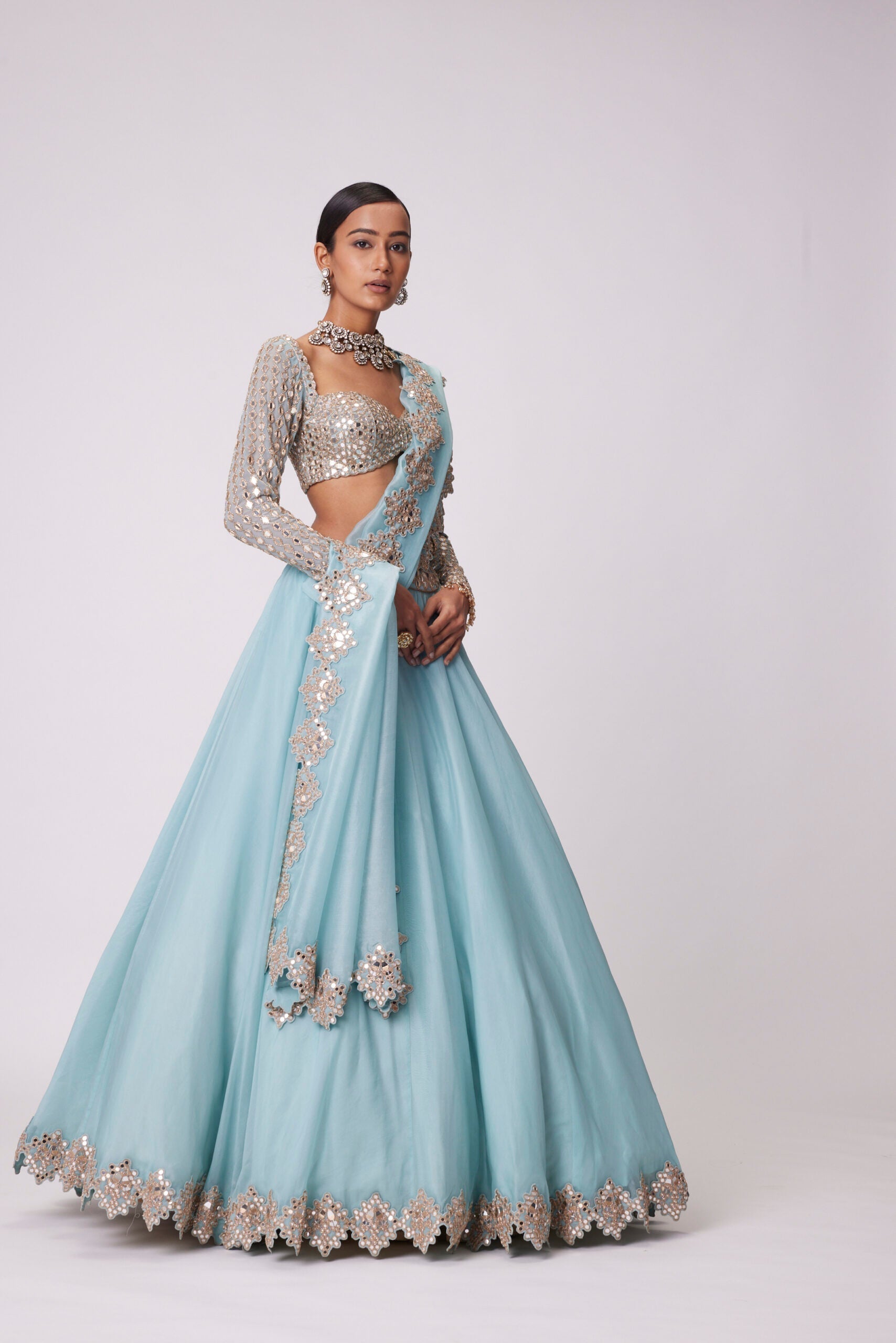 Image of POWDER BLUE ORGANZA MIRROR EMBROIDERED LEHENGA SET